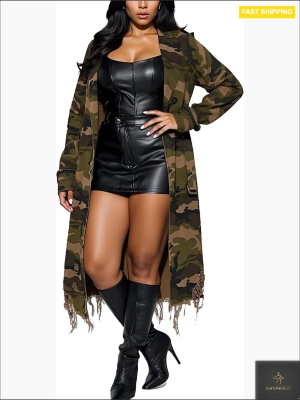 Long Trench Coat with Belt Distressed Camouflage Army Fatigue Jacket Overcoat